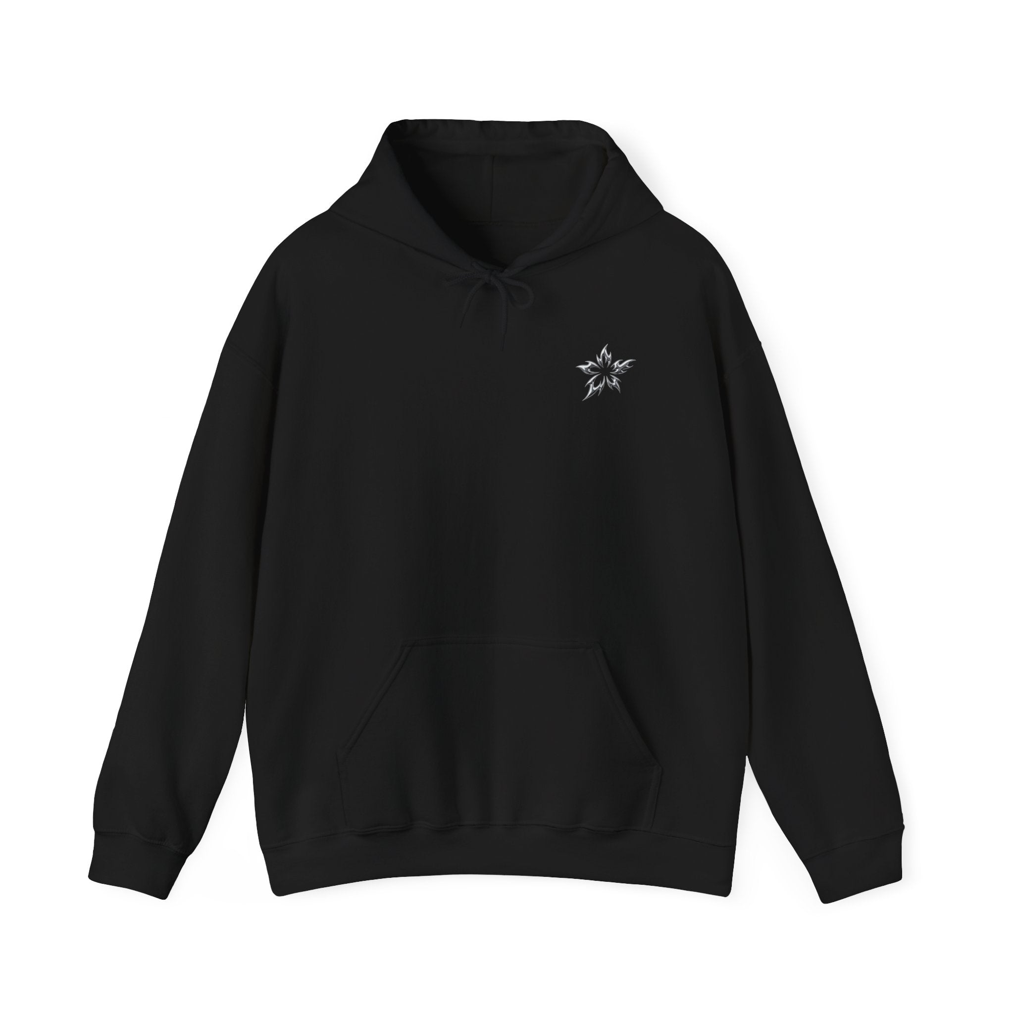 Tribal Flame Star Hoodie — Minimal Black Graphic Pullover