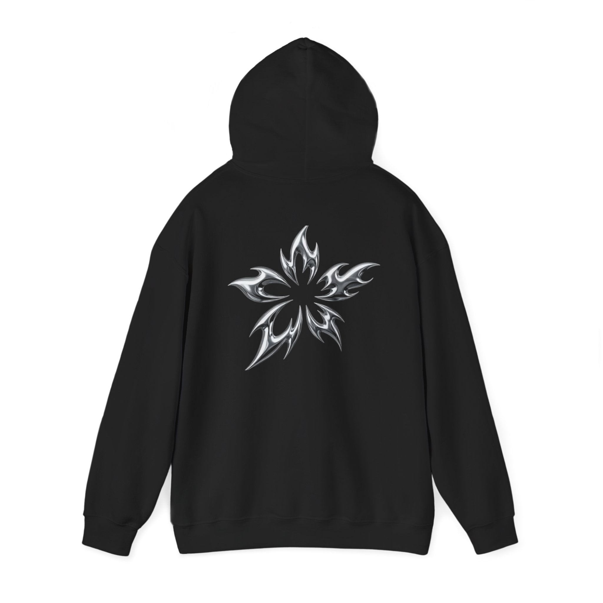 Tribal Flame Star Hoodie — Minimal Black Graphic Pullover